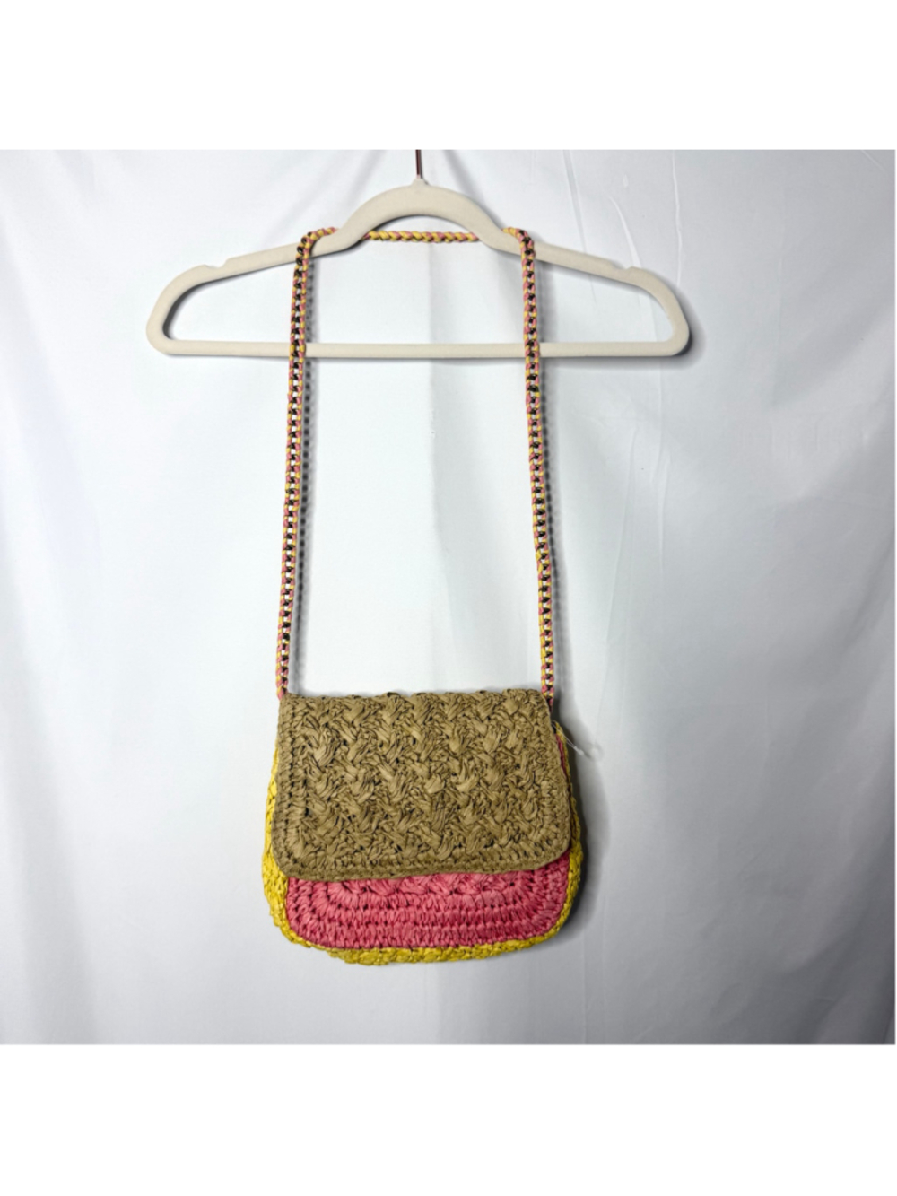J. Crew Colorblocked WOVEN Raffia Crossbody Bag Button Closure Chain Strap NWT